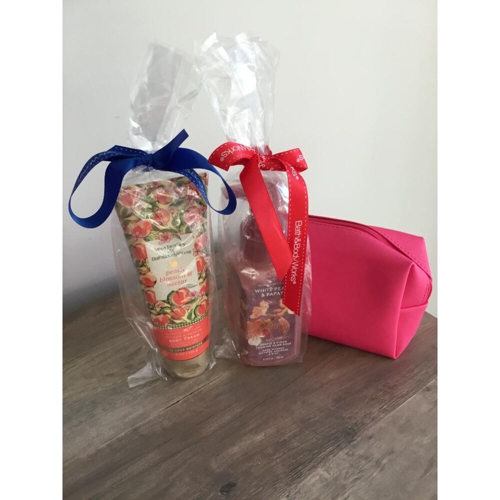 Bath & Body Works 3 Pc Set Peach Hand Soap and Peach Body Cream & Bag